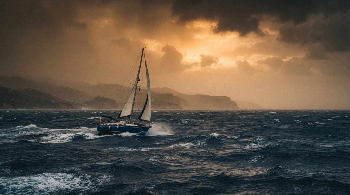 Una barca a vela naviga su un mare mosso sotto nubi scure vicino alla costa italiana.