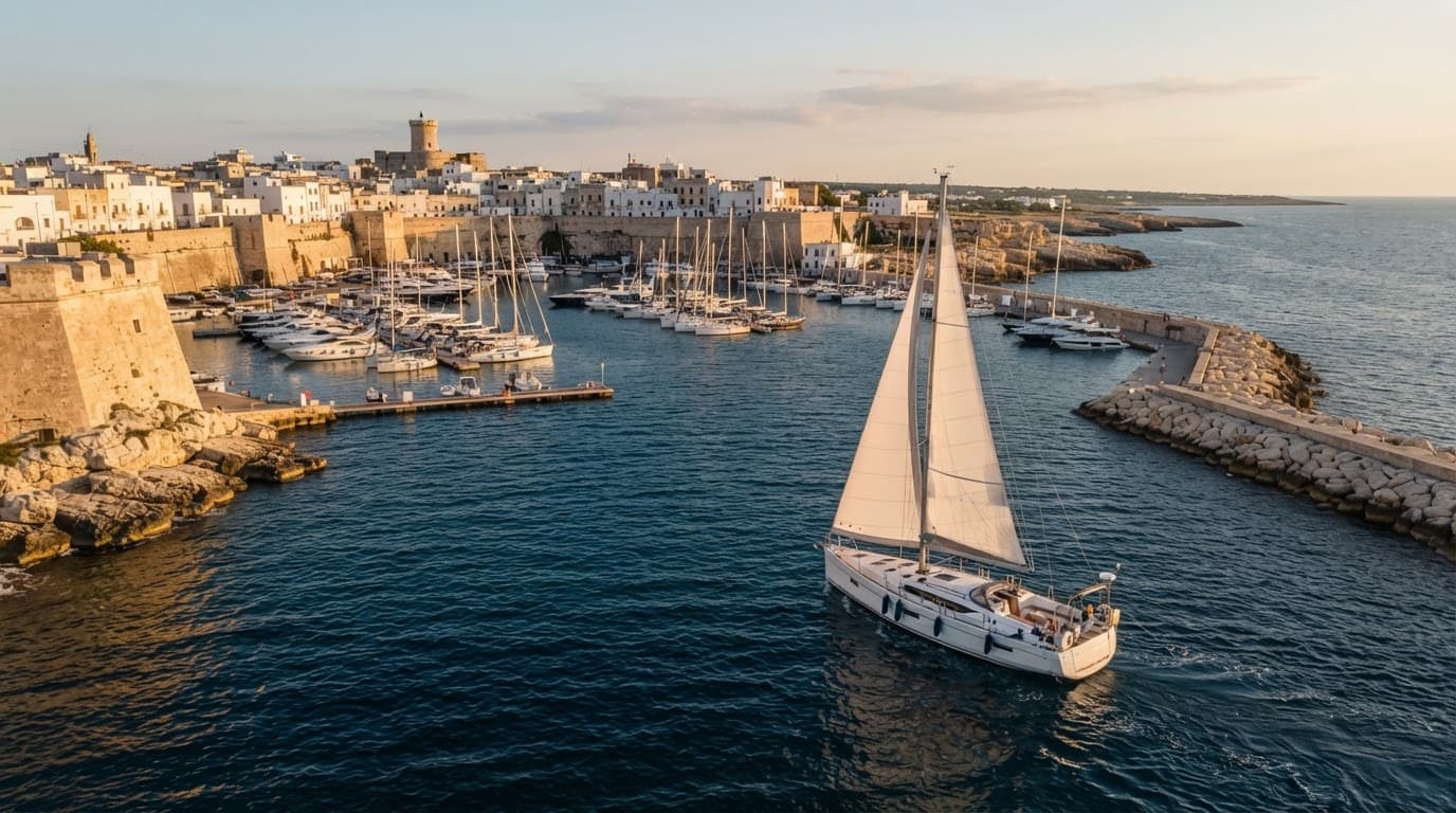 Uno yacht moderno entra in una marina pugliese tra costa calcarea e acqua blu.