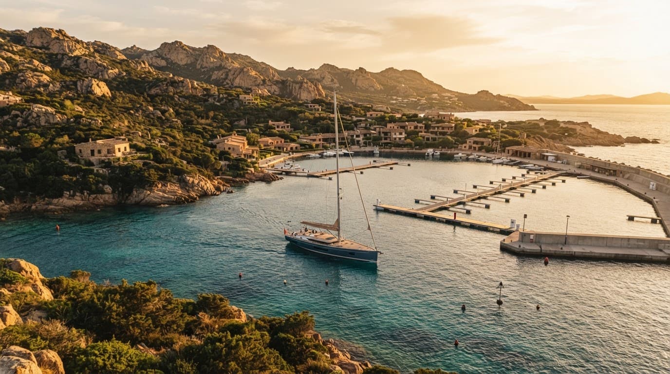 Yacht moderno in arrivo a una marina sarda al tramonto, tra acqua limpida e costa rocciosa.