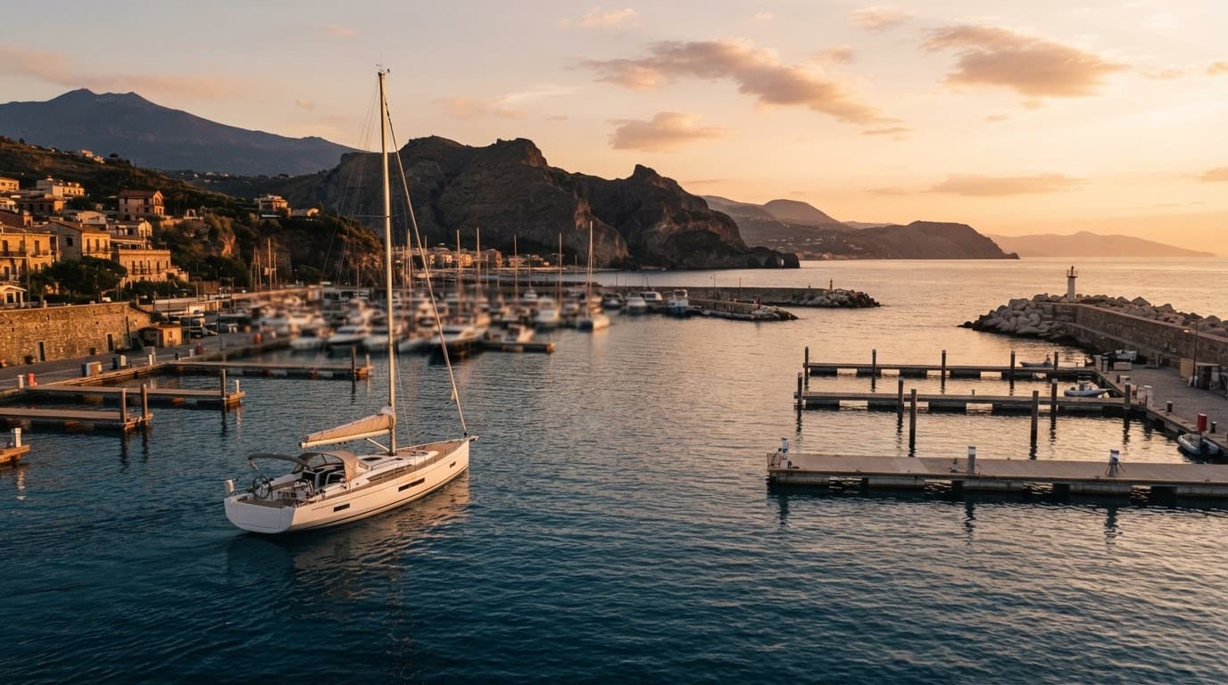 Uno yacht moderno entra in un marina siciliano al tramonto, tra acqua calma e costa vulcanica.