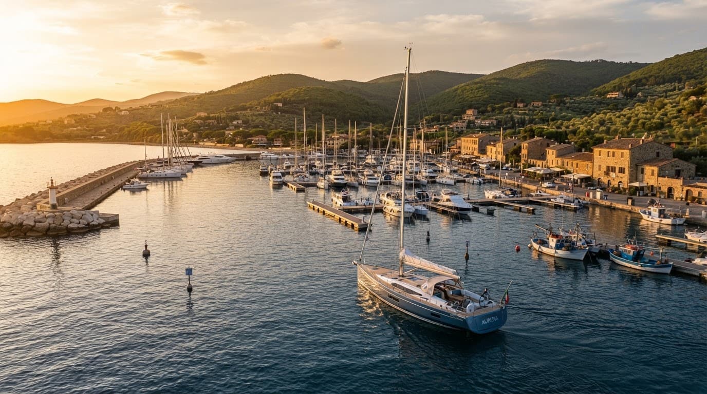 Uno yacht entra in una marina toscana al tramonto.