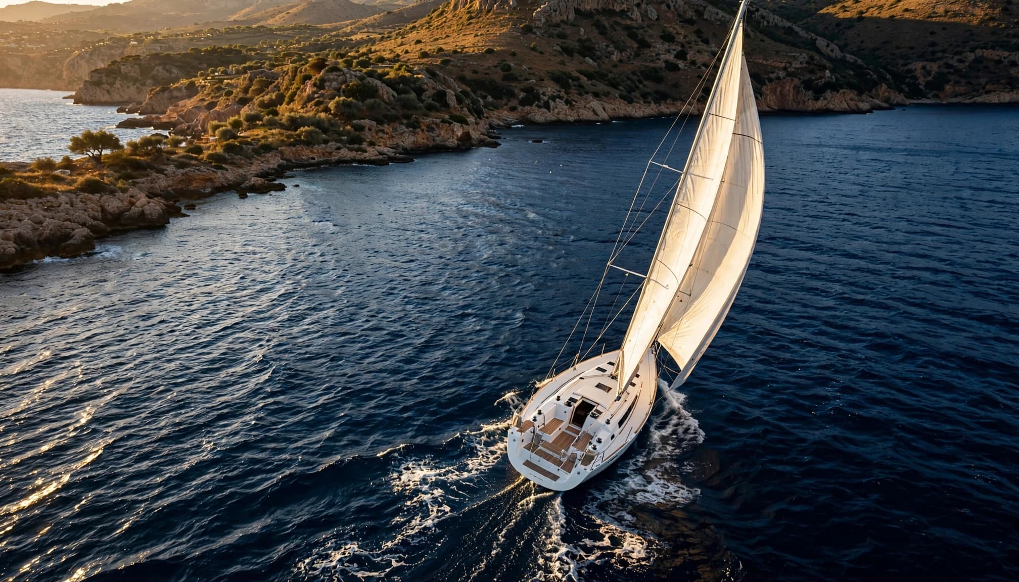 Barca a vela bianca con randa gonfia davanti alla costa italiana.