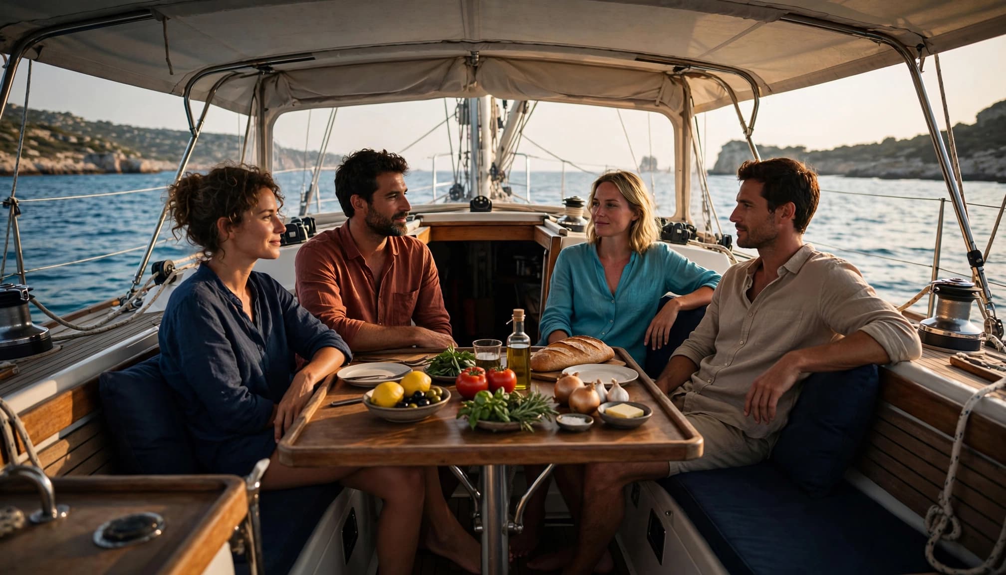 Quattro amici preparano un pasto a bordo, con il mare visibile oltre il pozzetto.