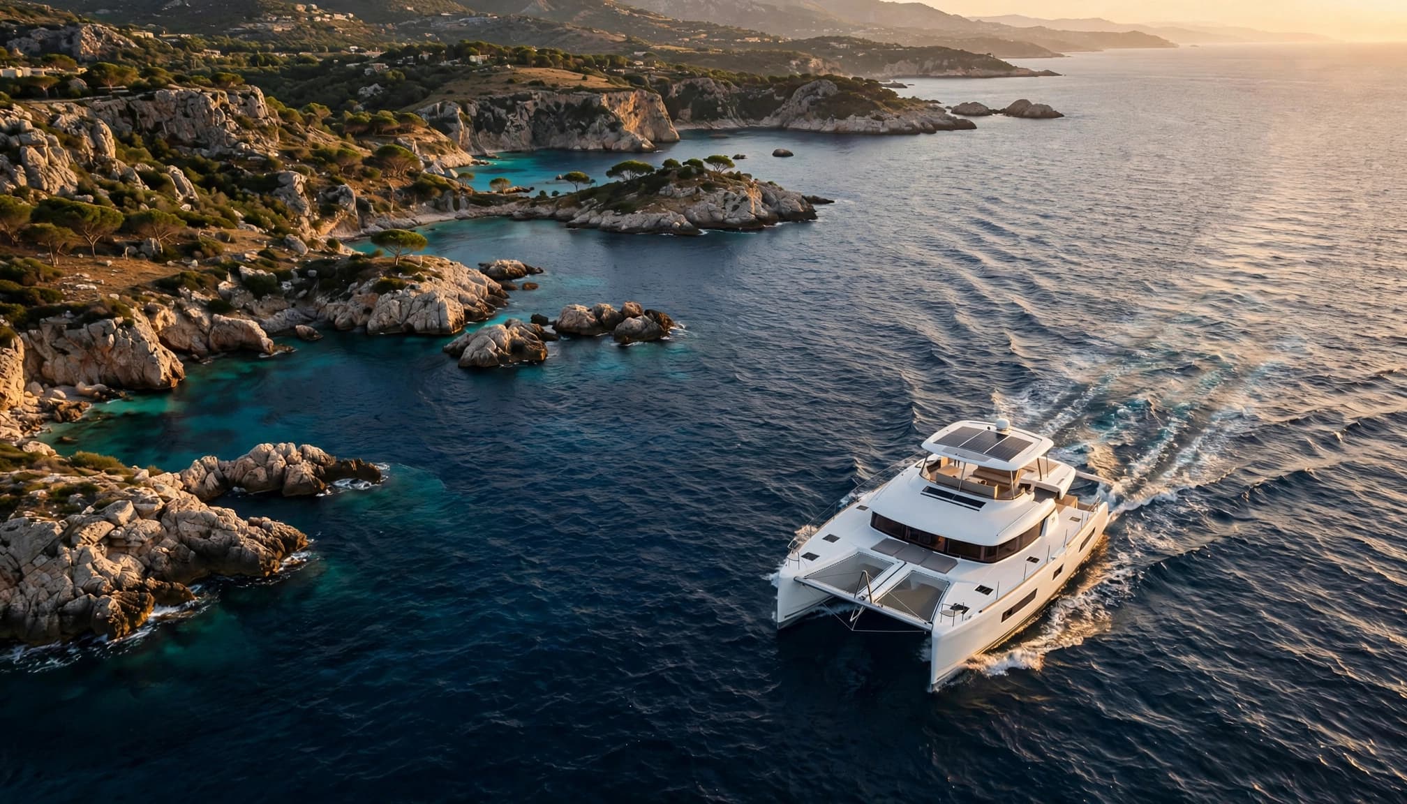 Imbarcazione moderna a due scafi naviga tra isole rocciose nel mare mediterraneo al tramonto.