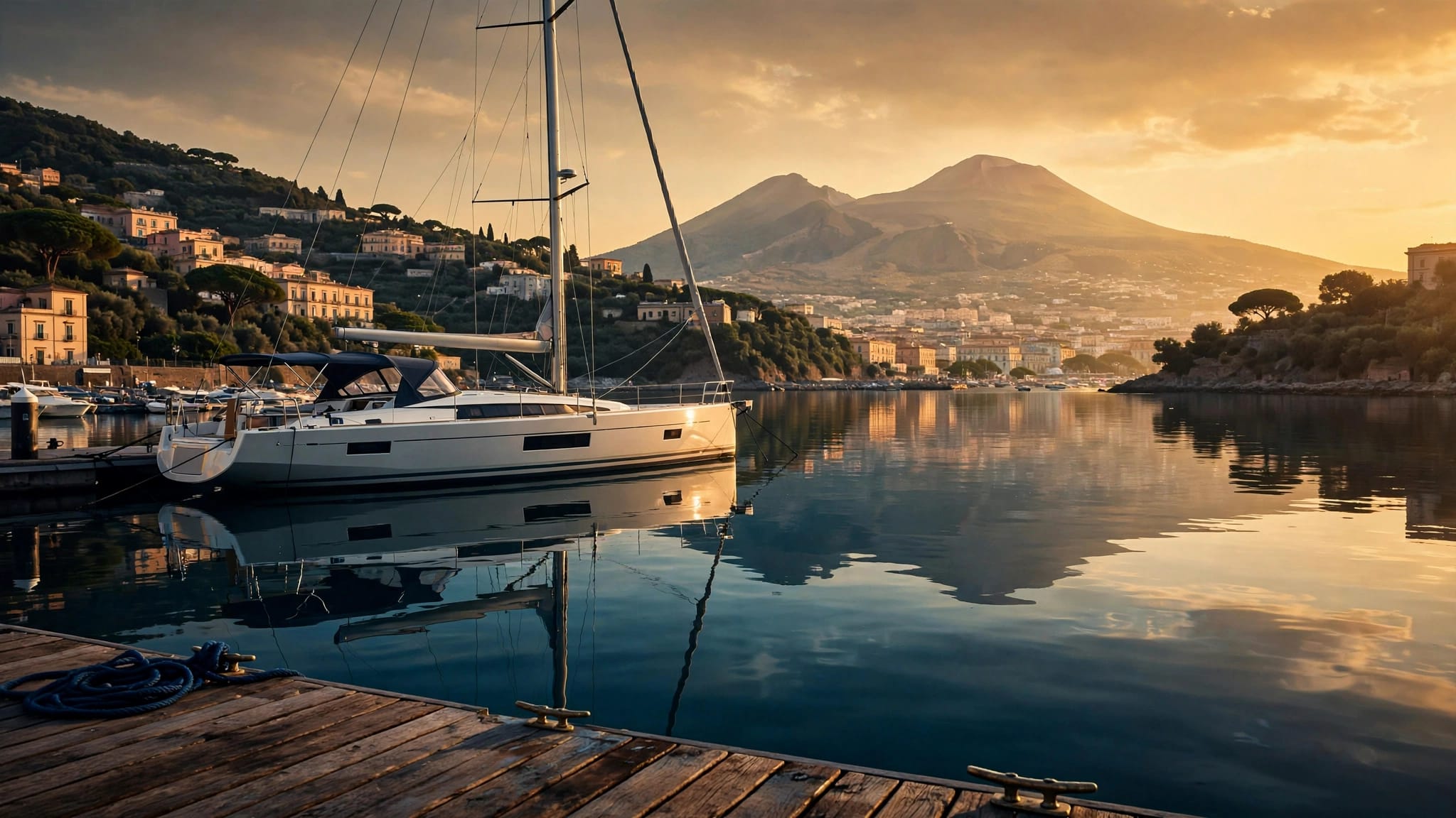 Yacht a vela ormeggiato in un porto campano al tramonto, con il Vesuvio sullo sfondo.