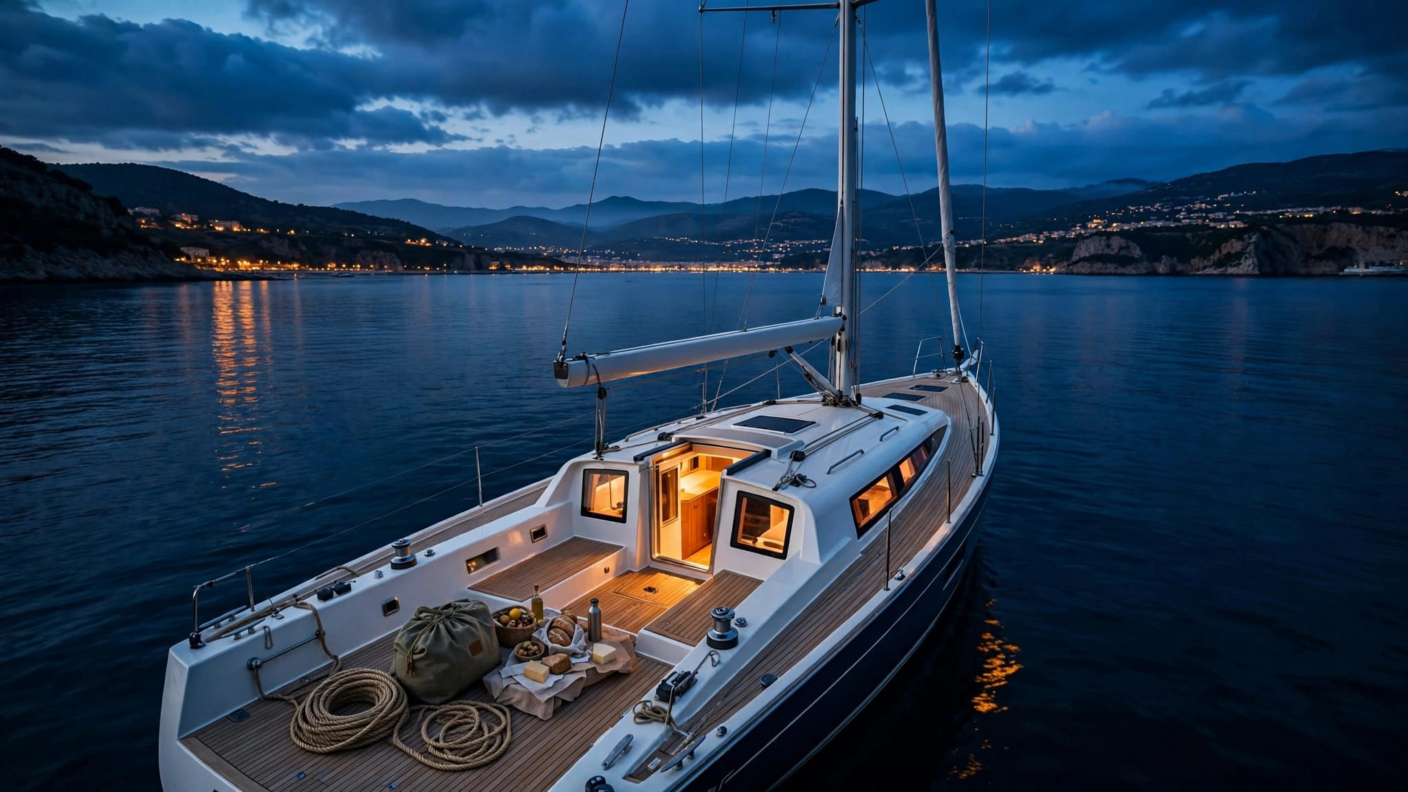 Barca a vela ancorata in una baia, con luci calde, corda e borsa sul ponte.