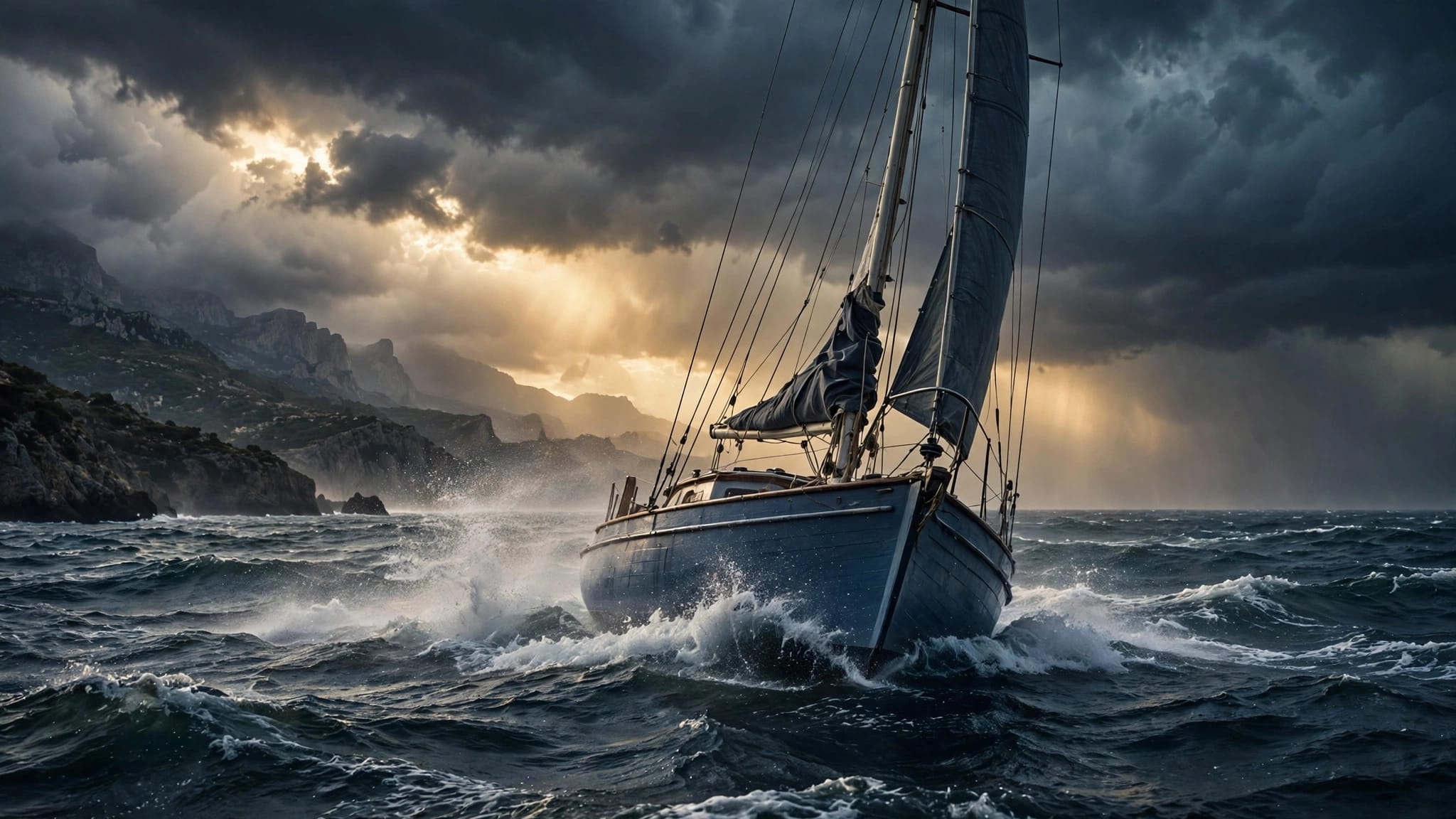 Una barca a vela affronta onde brevi davanti a una costa rocciosa.
