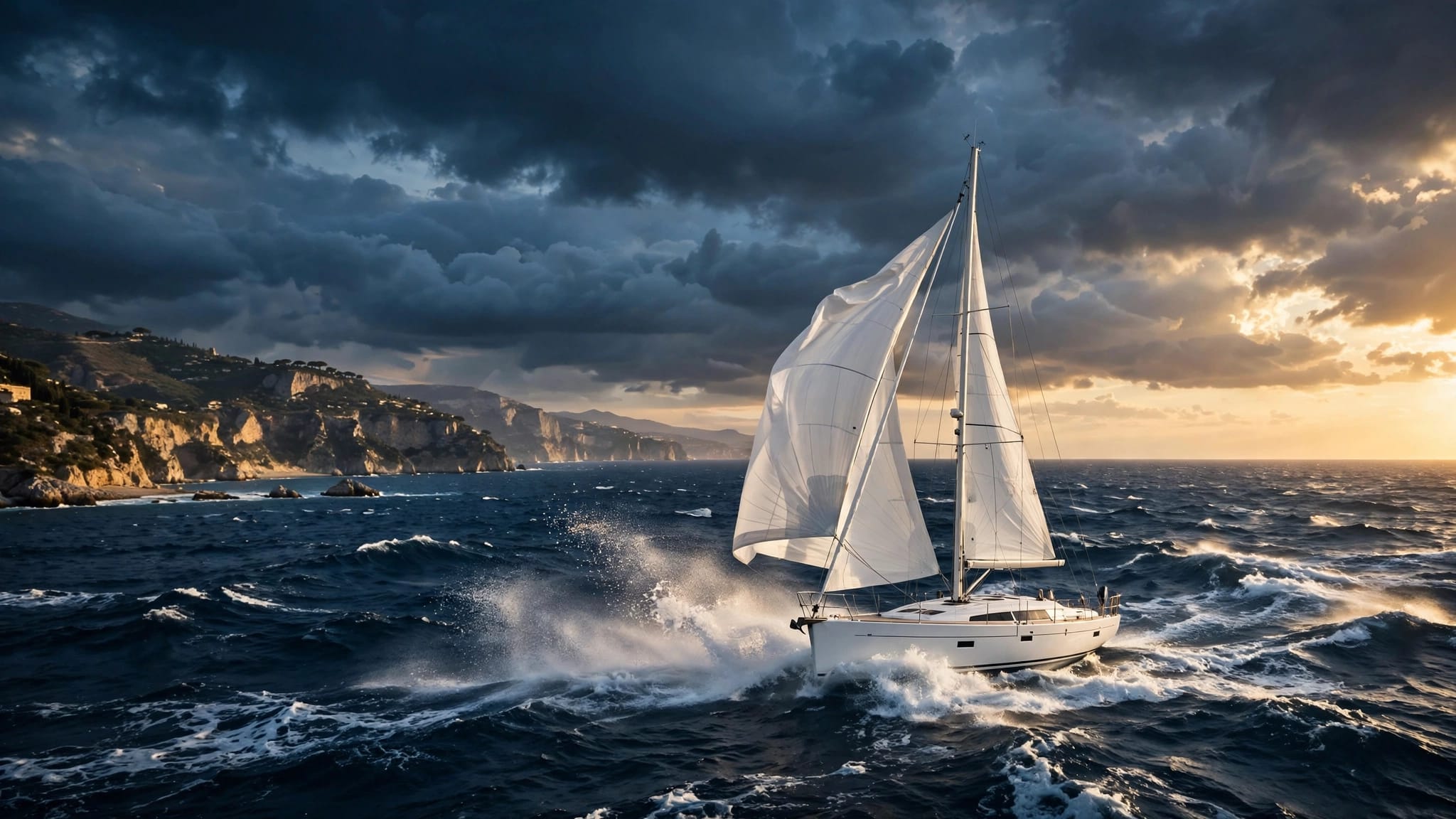 Yacht bianco a vela sul Mediterraneo con vento forte e tramonto sulla costa italiana.