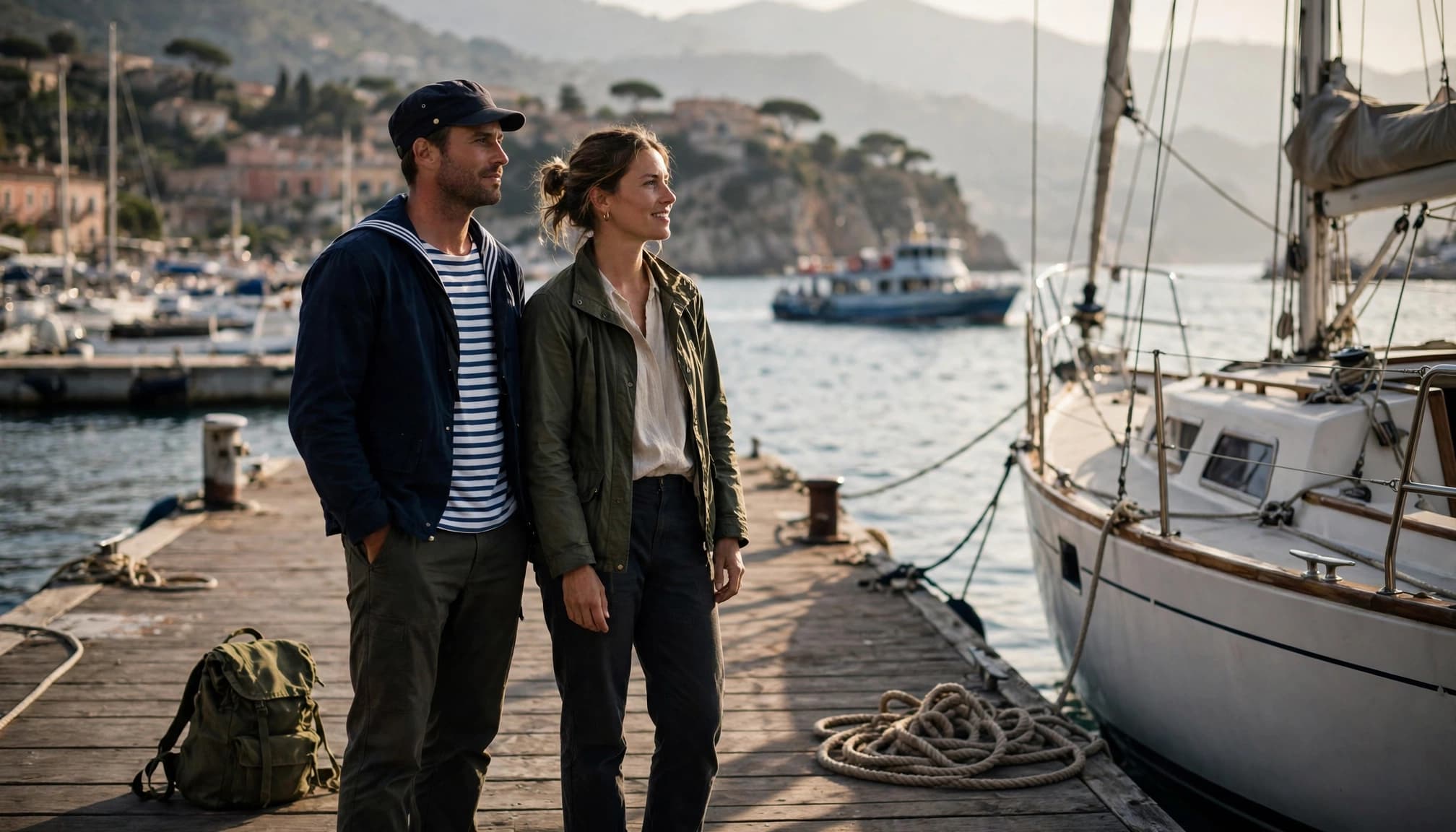 Due marinai accanto a una barca a vela, con zaino e cima sul molo.