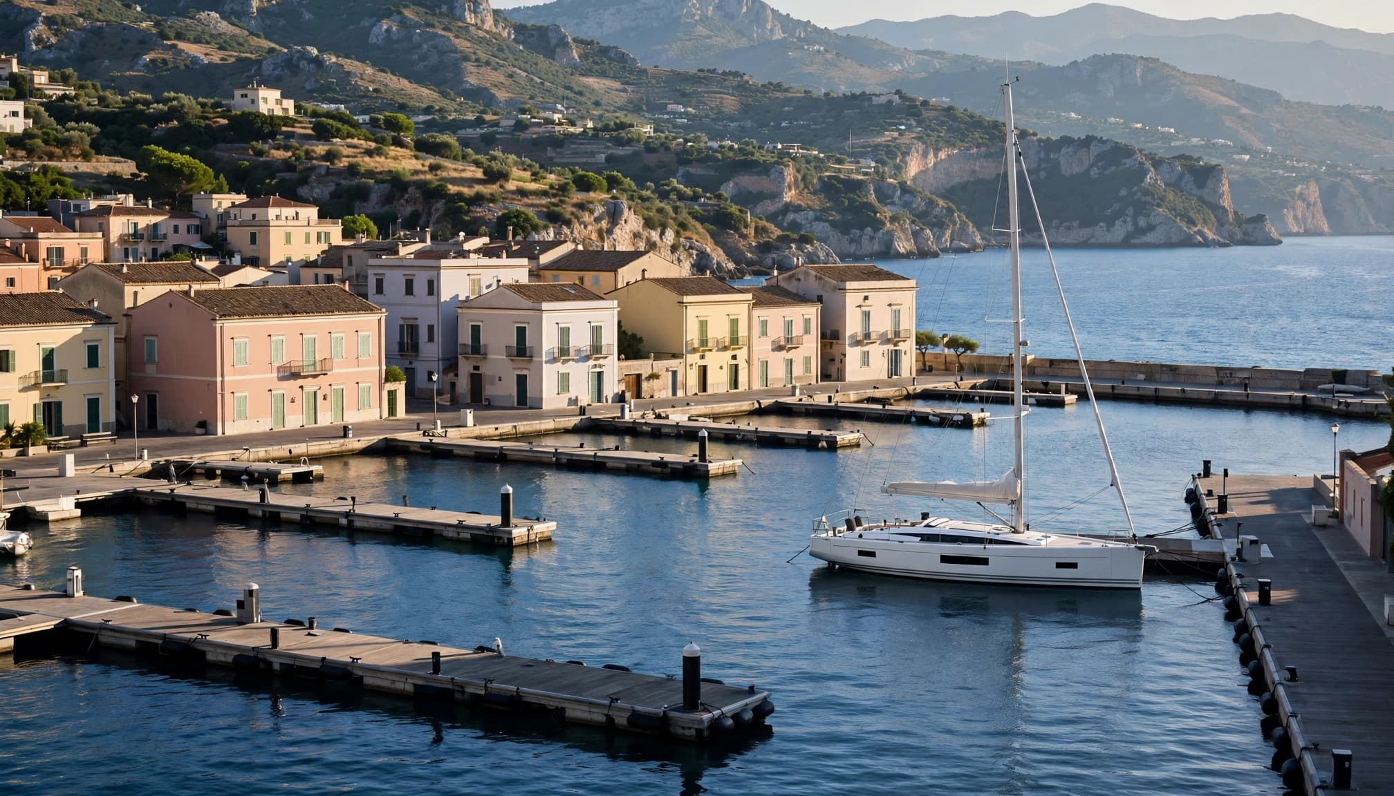 Uno yacht a vela ormeggiato in un porto curato, con edifici colorati e colline sullo sfondo.