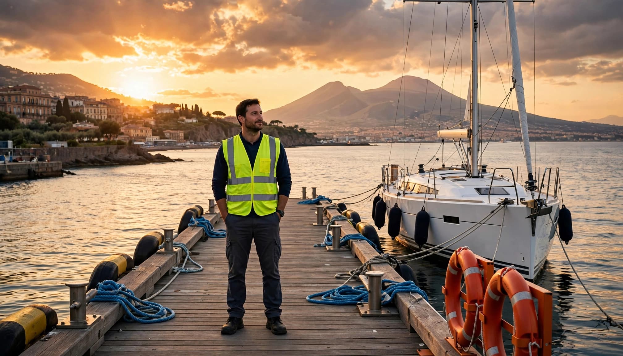 Addetto in giubbotto di sicurezza accanto a uno yacht ormeggiato sulla banchina al tramonto.
