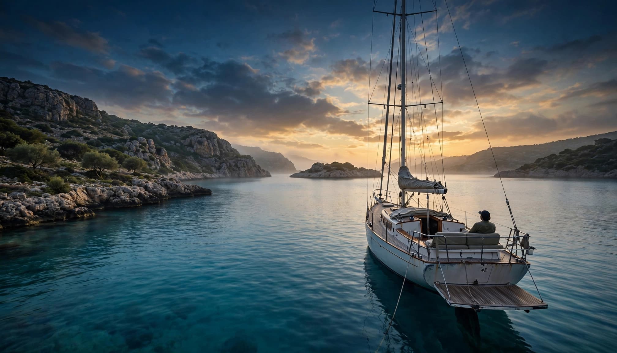Uno yacht con una persona a poppa in una baia mediterranea all'alba.