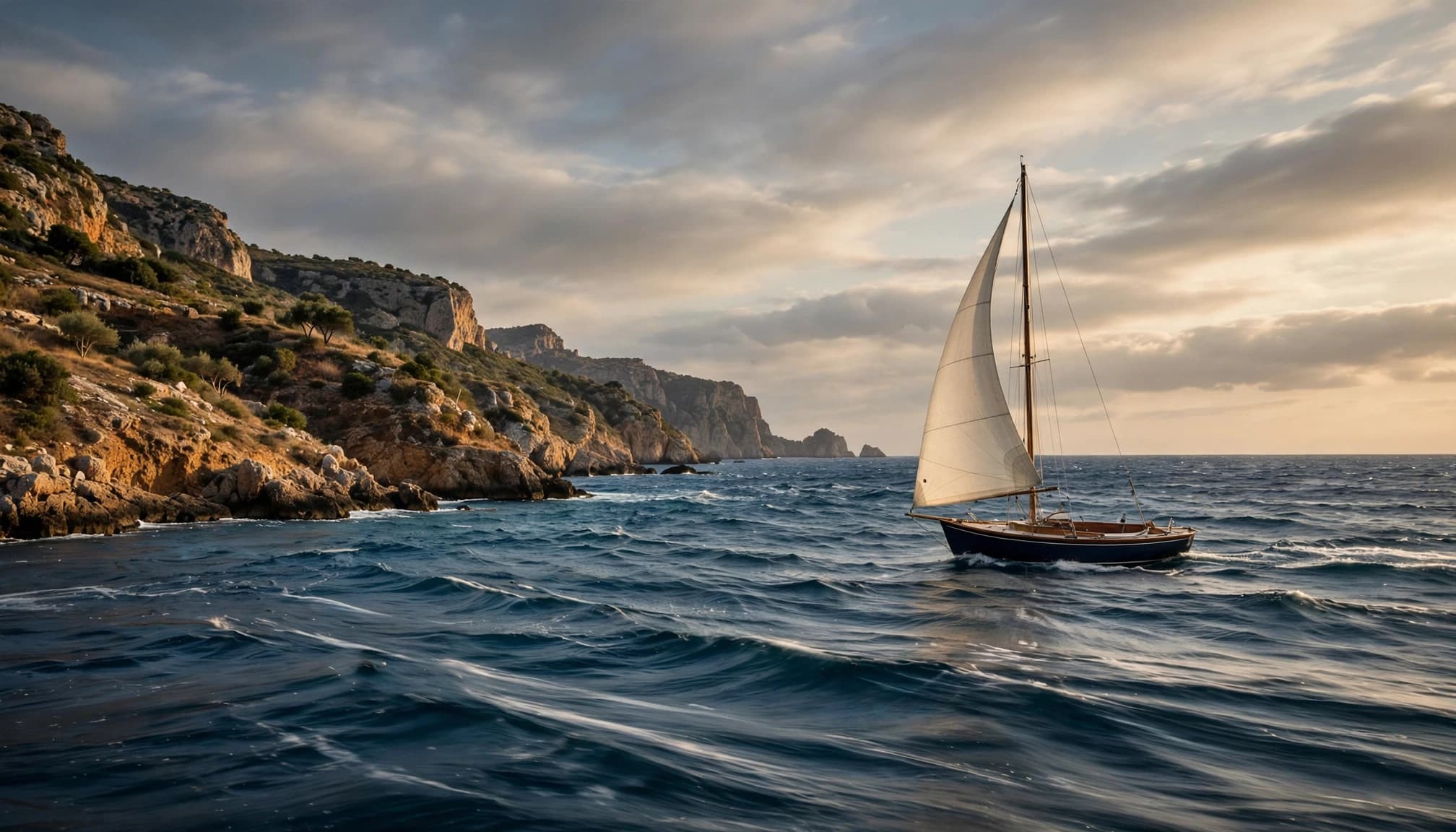 Piccolo yacht a vela sul mare, con costa rocciosa italiana sullo sfondo.